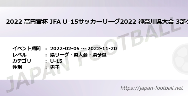 22 高円宮杯 Jfa U 15サッカーリーグ22 神奈川県大会 3部グループf 1stステージ 県リーグ 県大会 県予選 U 15 の試合情報一覧 Japan Football ジャパンフットボール